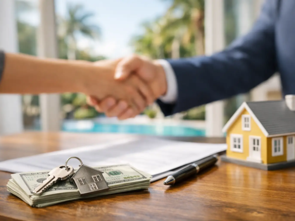 Two people shake hands over a real estate deal; a model house, cash, keys, and documents on the table.