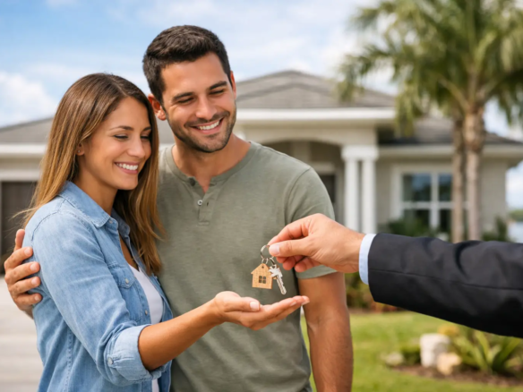 Happy couple smiling as a real estate agent hands them keys to their new home in a suburban yard.